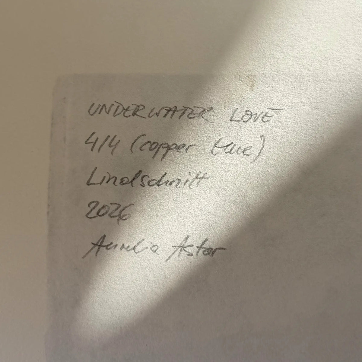 Information about the artwork and the signature, written in pencil on the back of the linocut: Underwater Love, 4/4 (copper blue), linocut, 2026, Aurelia Astor