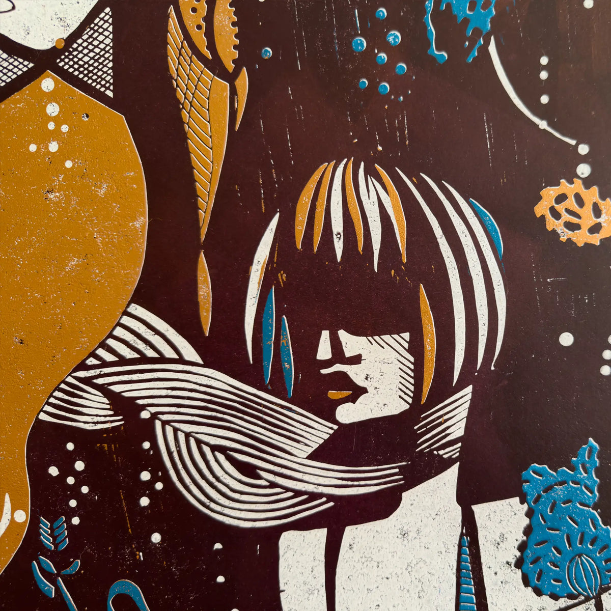 Detail from the linocut Underwater Love. It depicts a figurative female figure in copper, blue, and white, wearing a blindfold and a scarf, and surrounded by aquatic plants.