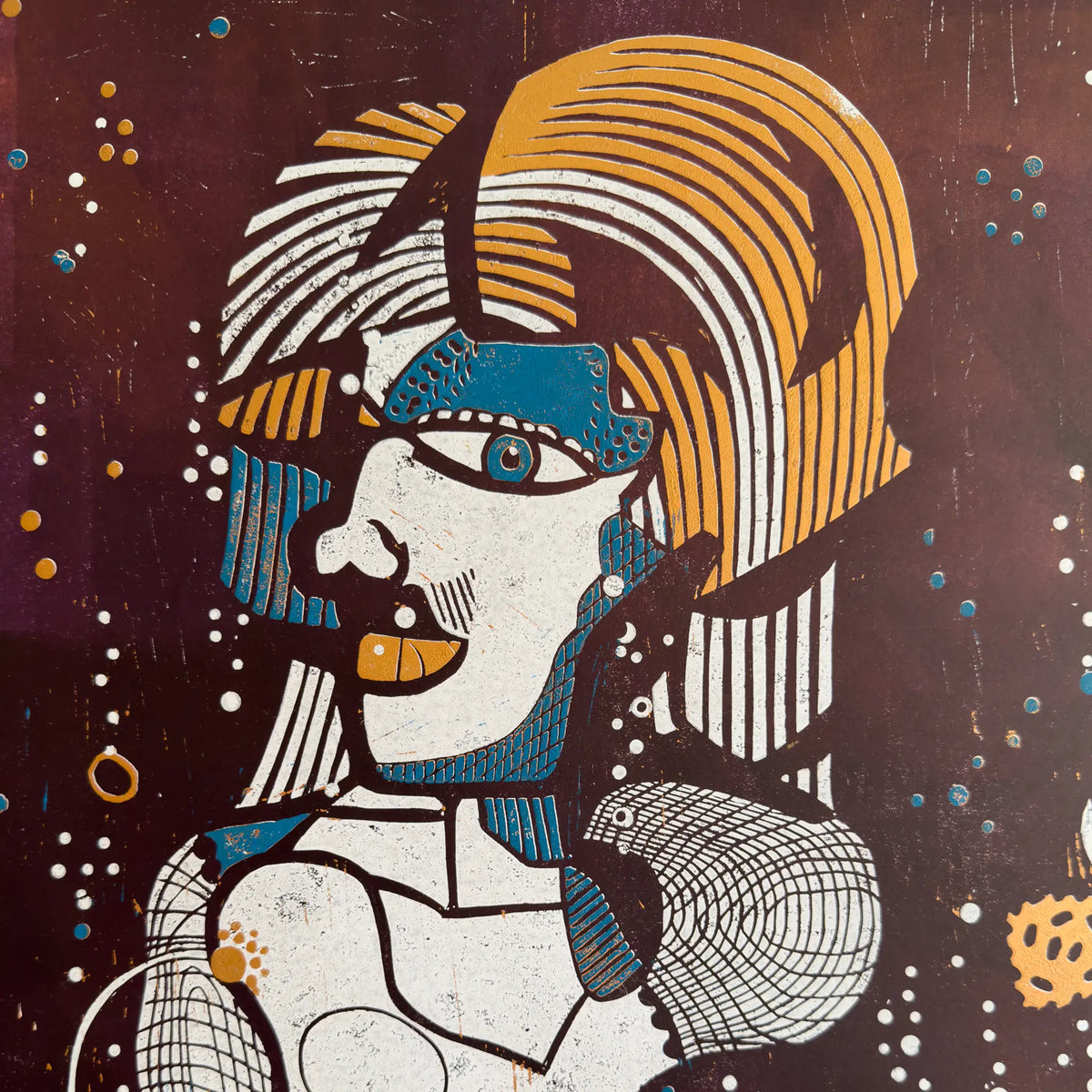 Detail from the linocut Underwater Love. It depicts a portrait of a male figure in copper, blue, and white.