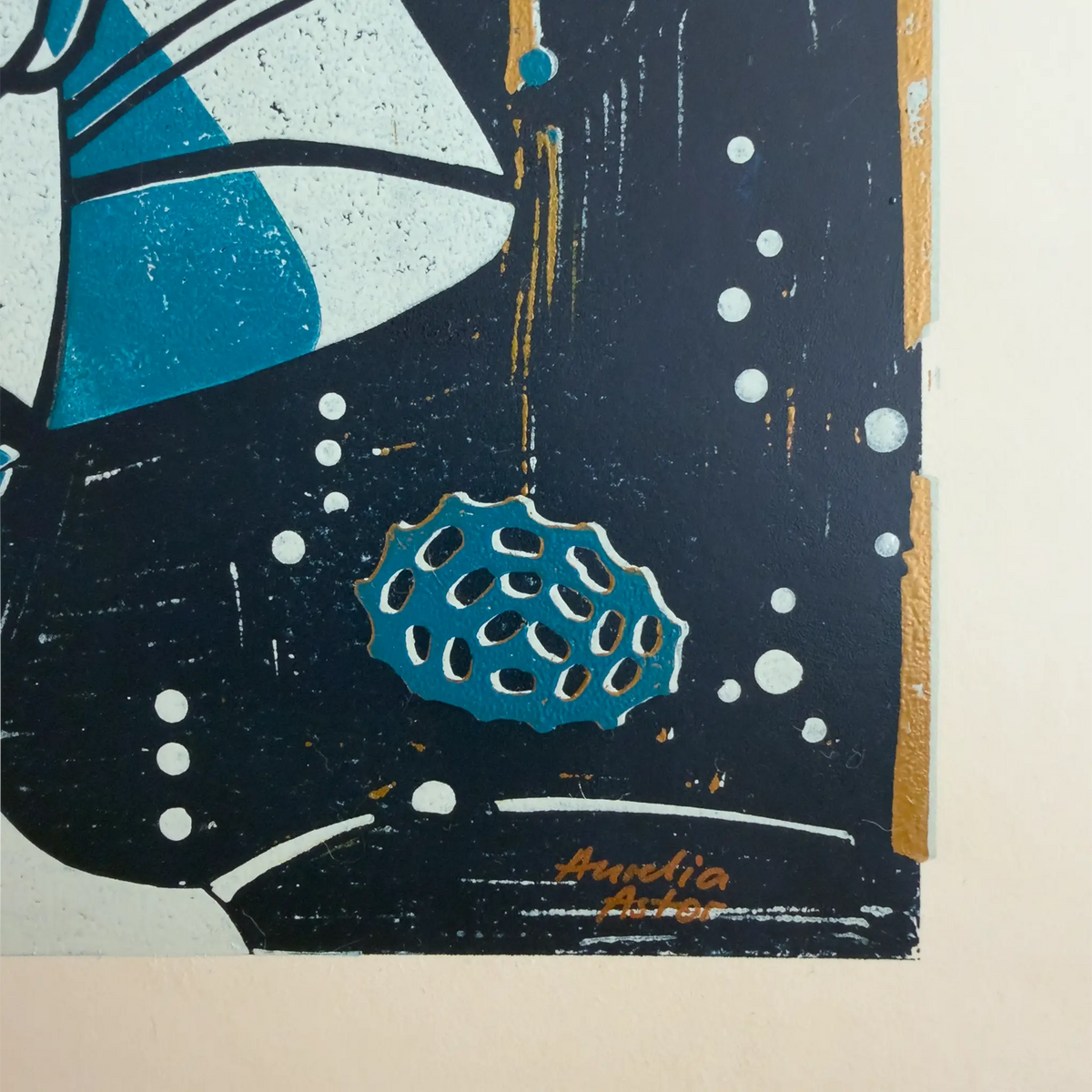 Lower right corner of the artwork Underwater Love, signed by the artist Aurelia Astor