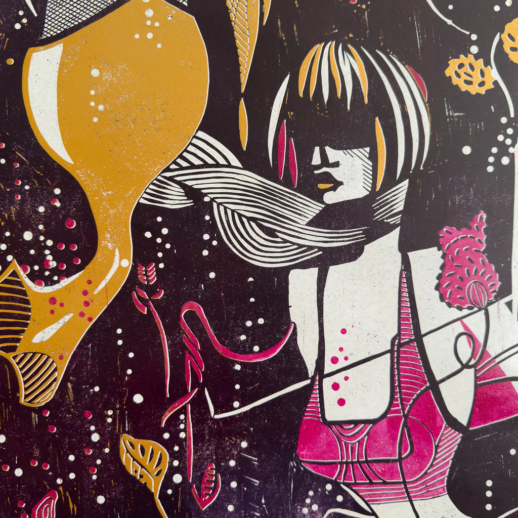 Detail from the linocut Underwater Love. It depicts a figurative female figure in gold, pink and white, wearing a blindfold and a scarf, and surrounded by aquatic plants.