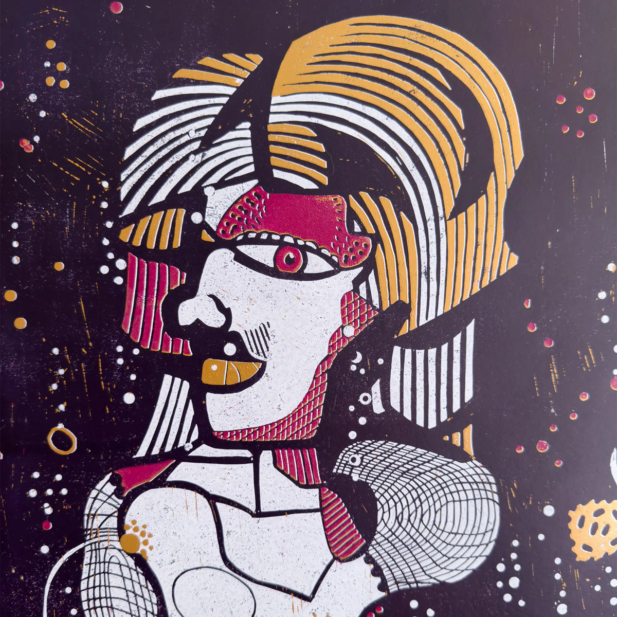 Detail from the linocut Underwater Love. It depicts a portrait of a male figure in gold, pink, purple and white.