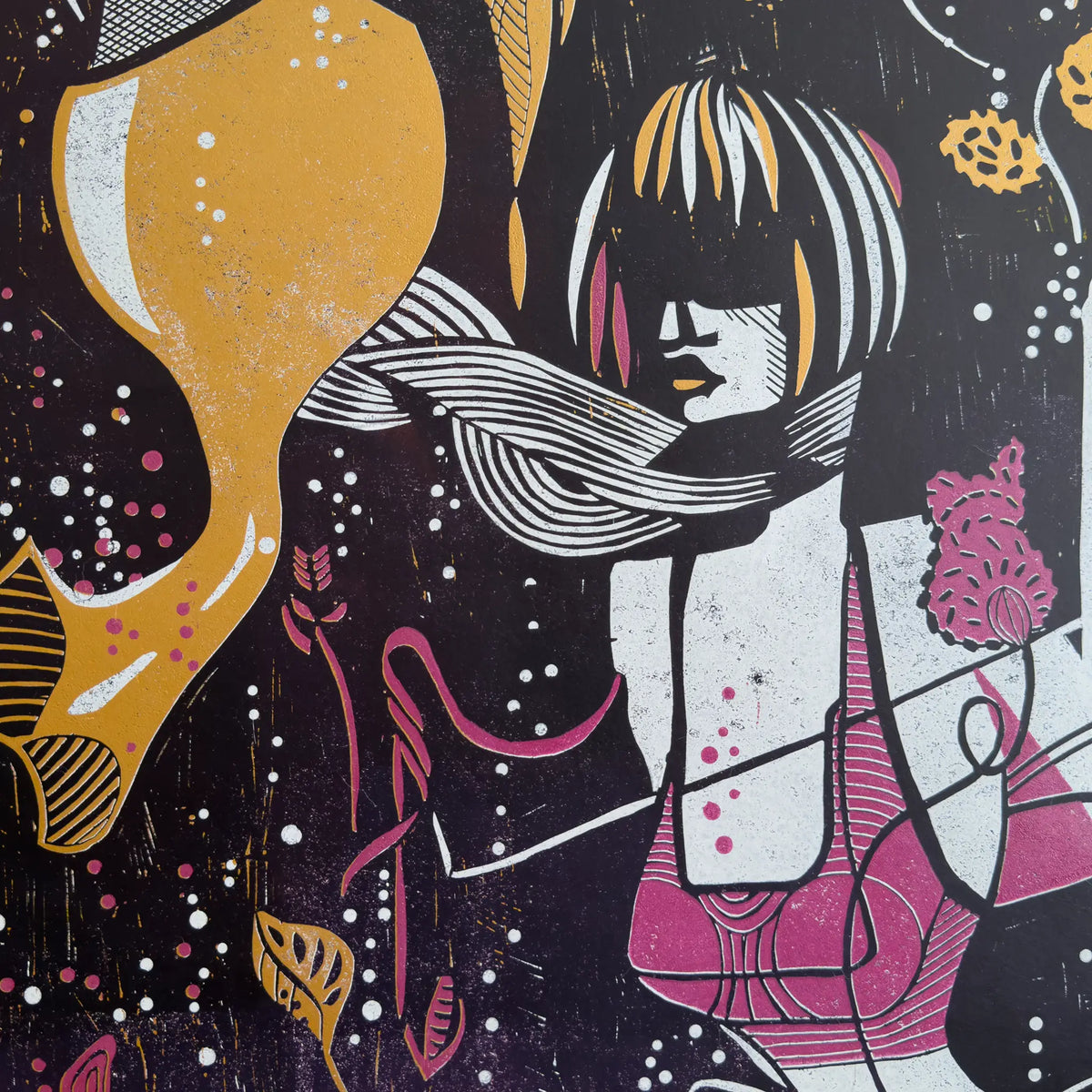 Detail from the linocut Underwater Love. It depicts a figurative female figure in gold, purple and white, wearing a blindfold and a scarf, and surrounded by aquatic plants.