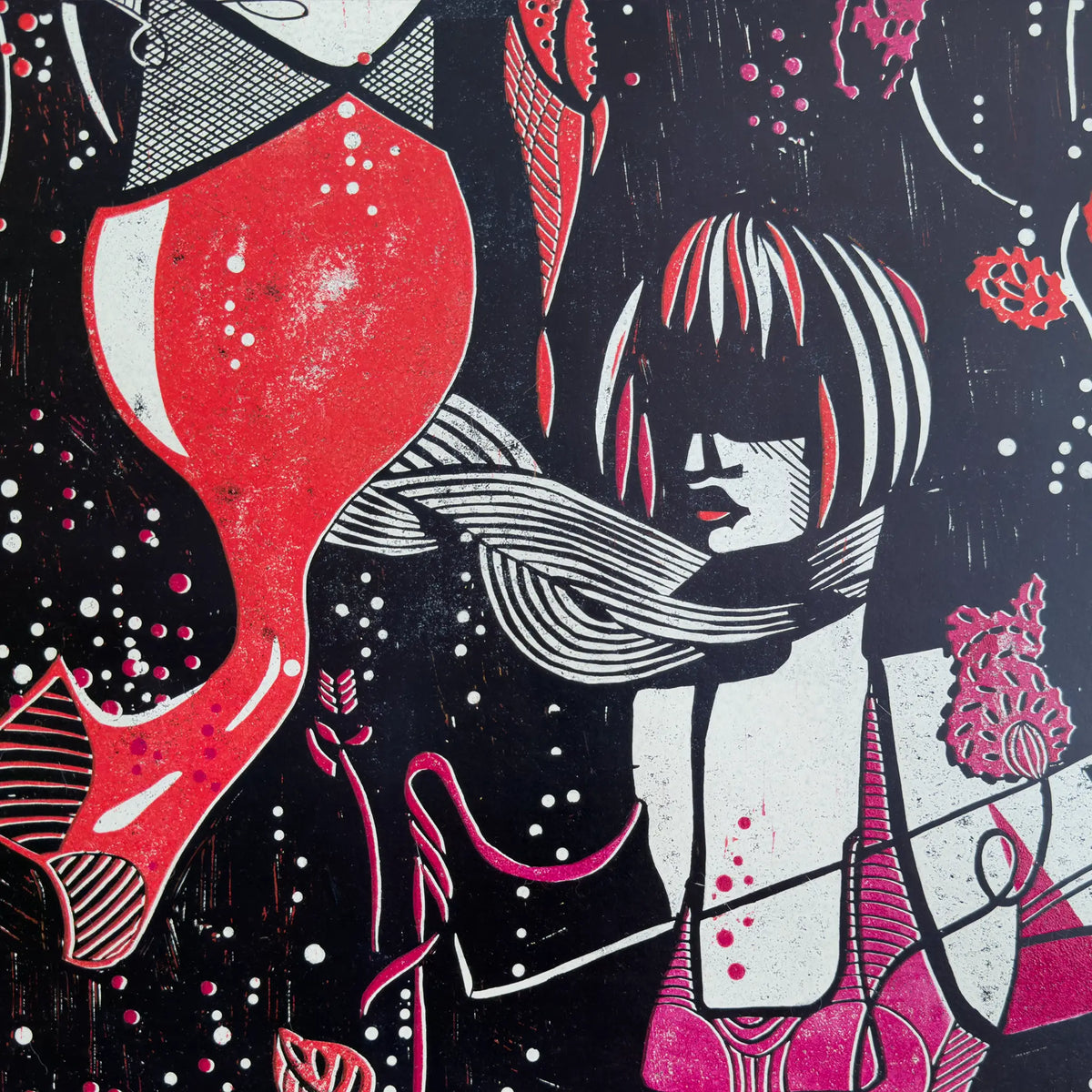 Detail from the linocut Underwater Love. It depicts a figurative female figure in red and white, wearing a blindfold and a scarf, and surrounded by aquatic plants.