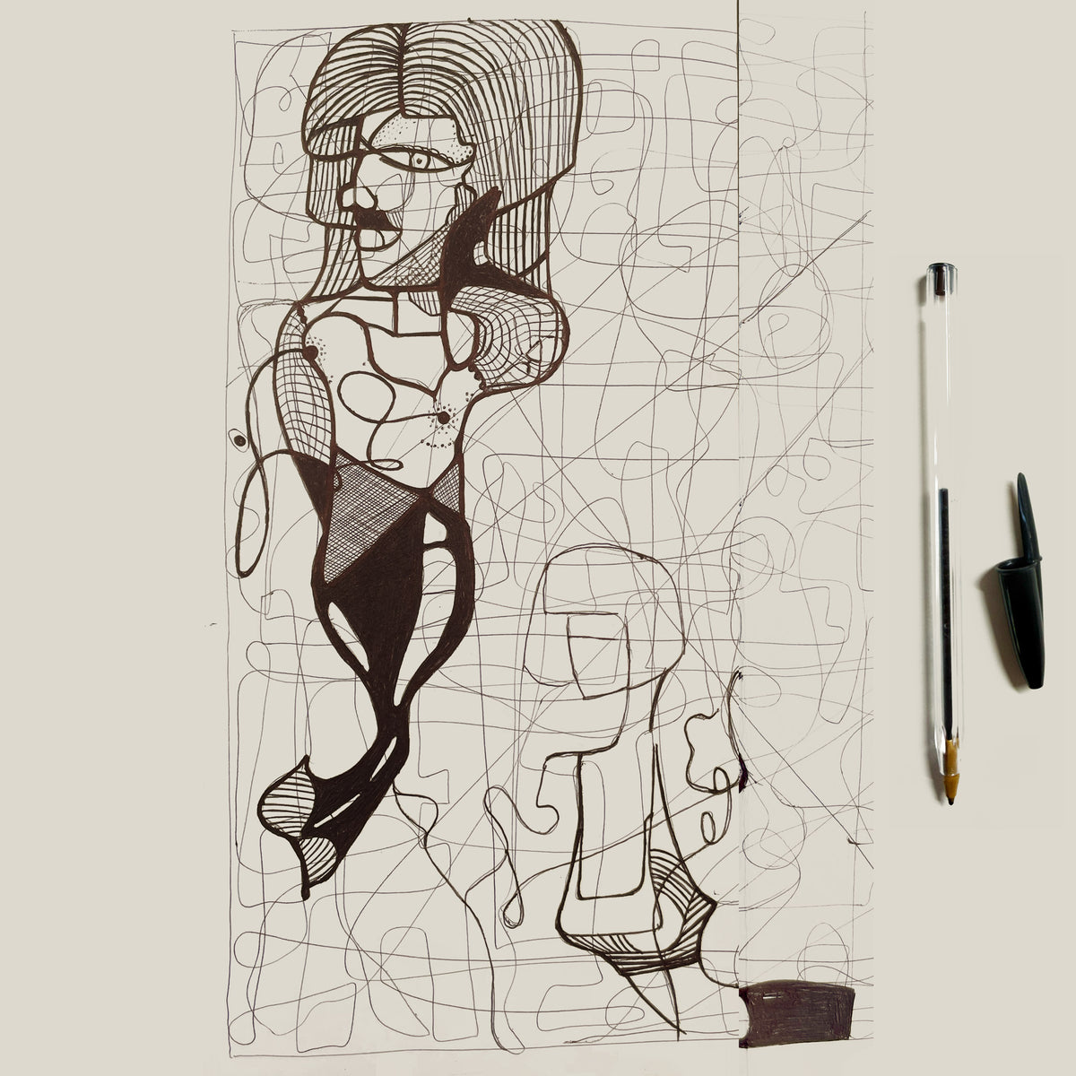 A step in the process of a drawing created using Aurelia Astor's Rorschach method.