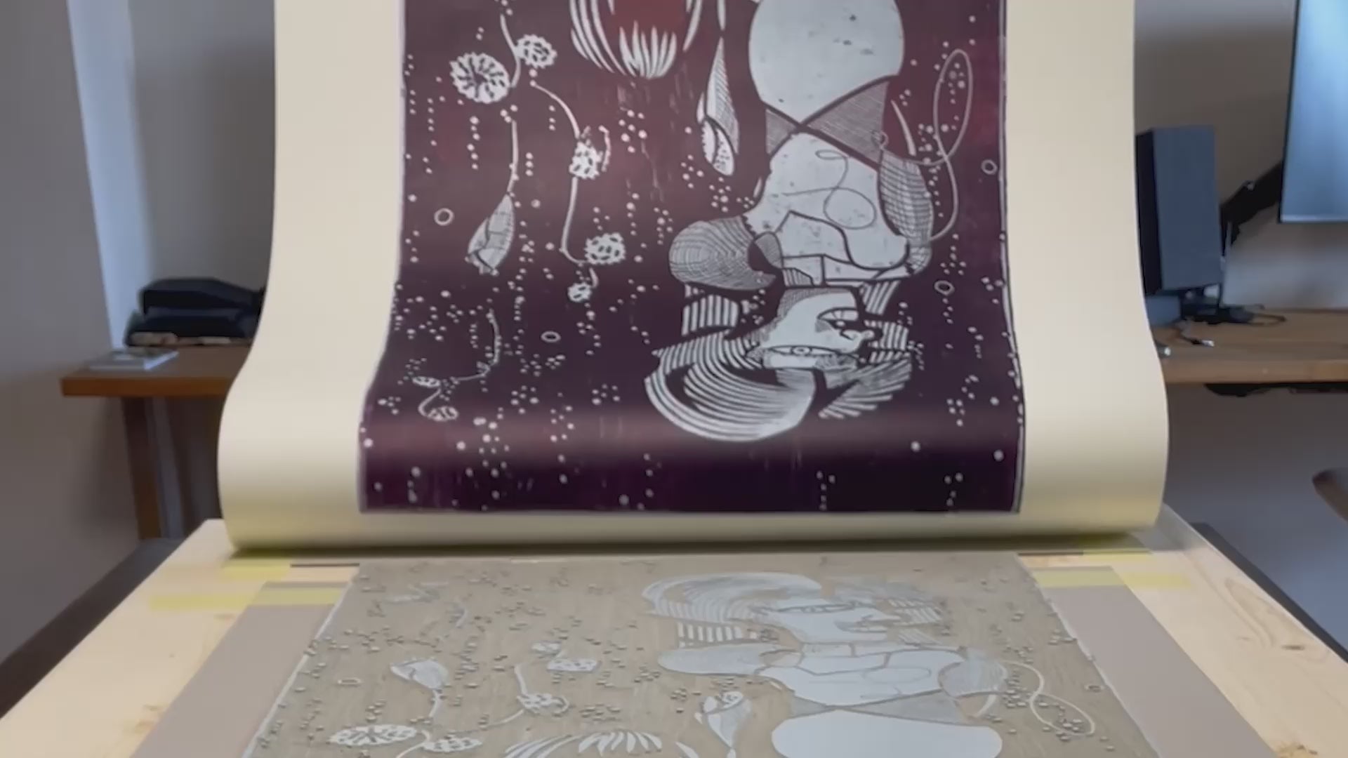 An introductory video about Aurelia Astor that shows the creation process of her hand-printed linocut, “Underwater Love.”